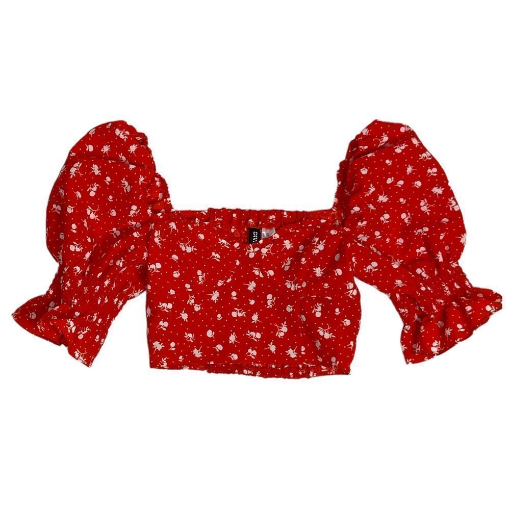 H & M Junior's Puff Sleeve Crop Top Red Floral Size XXS NEW